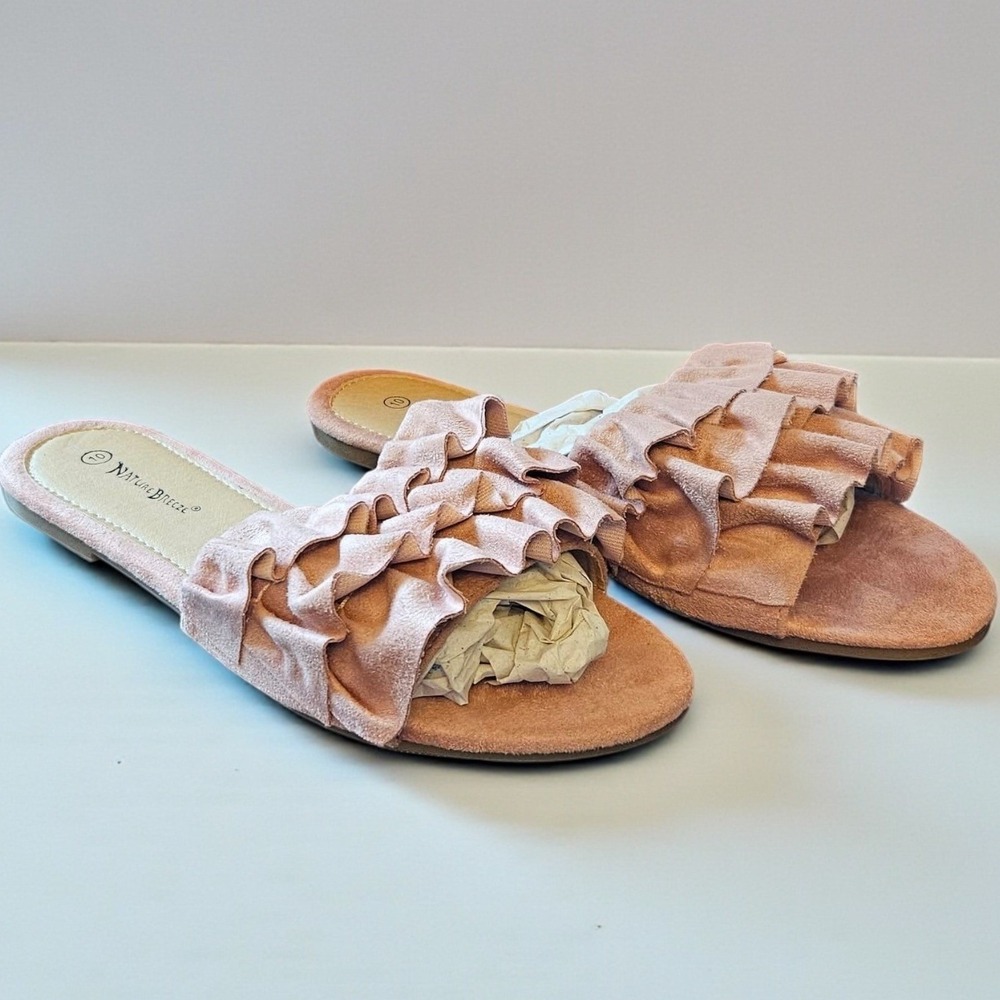 Nature Breeze Rolin-01 Pink Faux Suede Ruffle Slide Sandals Womens Size 7.5 NEW - Picture 3 of 4